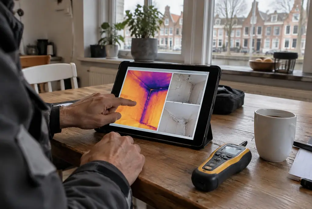 Lekdetectie IJsselstein – lekdetectierapport met warmtebeelden en foto's op een tablet