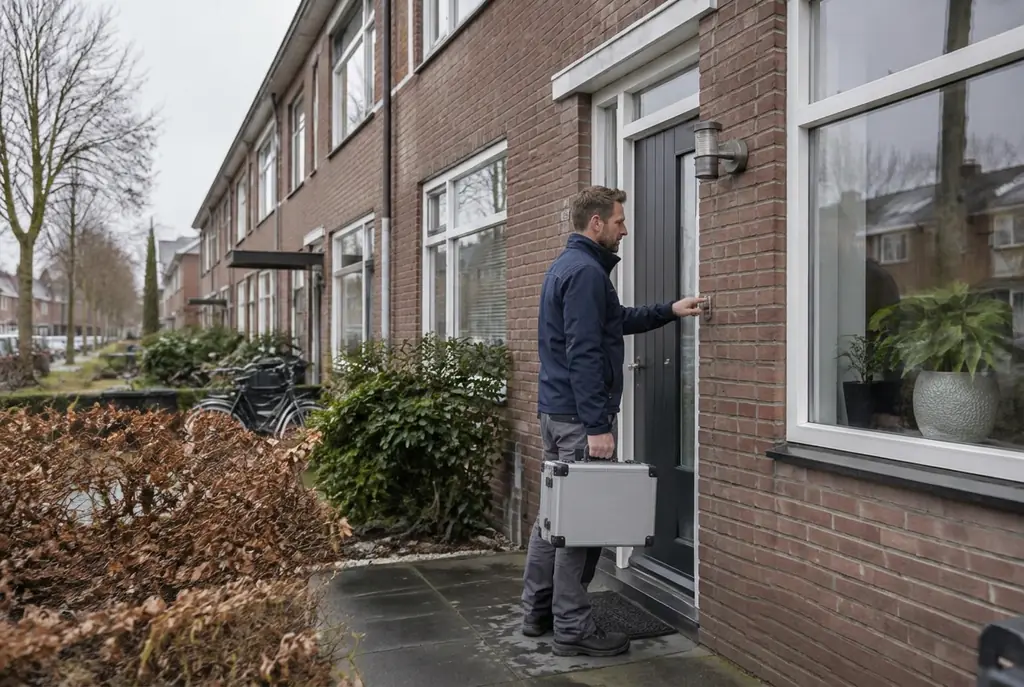 Lekdetectiespecialist met meetkoffer bij de voordeur van een woning in IJsselstein